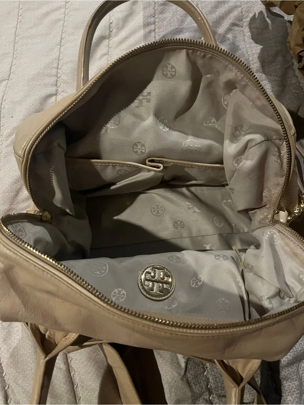 Tory Burch Beige Leather Satchel with Gold Logo